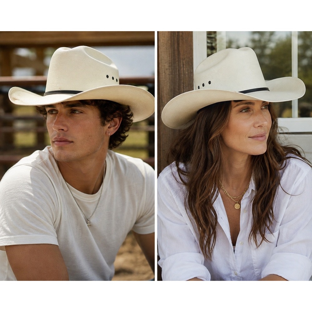 Resistol Vintage Western Straw Cowboy Hat Ivory Cream Black 21.5" Circumference